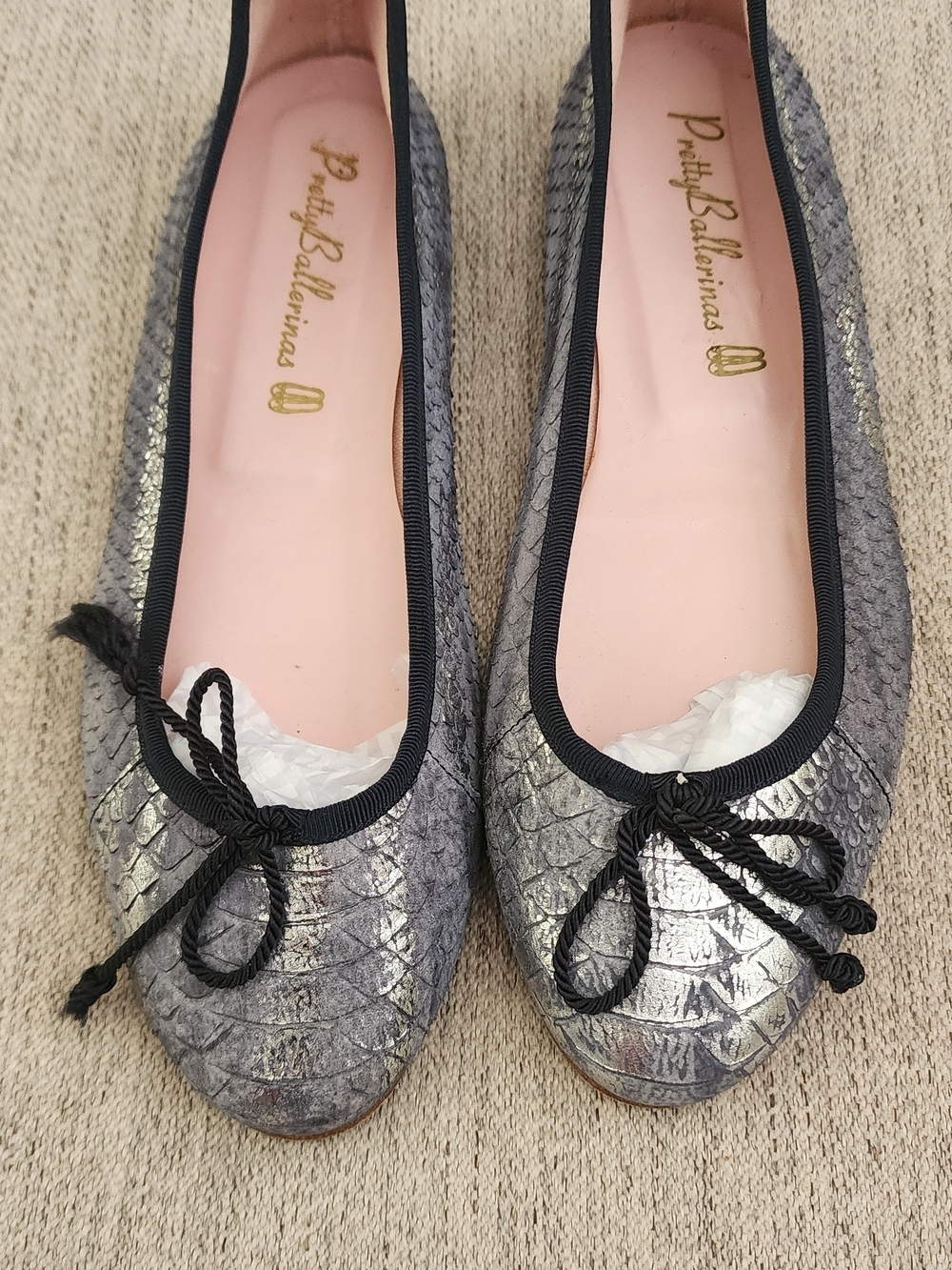 Pretty Ballerinas Silver Metallic Snake-Textured Ballet Flats with Black Trim